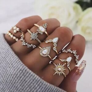 10 Piece Golden Starburst Midi Ring Set